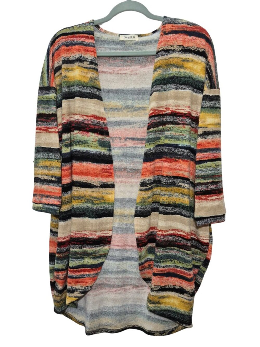 Ginger G Womens Open Front Cardigan M Striped Multicolor Knit Lightweight Duster